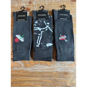 NWT Steve Madden Mens Crew Socks LOT Black Grey Skateboard Heart Tattoo 6-12.5